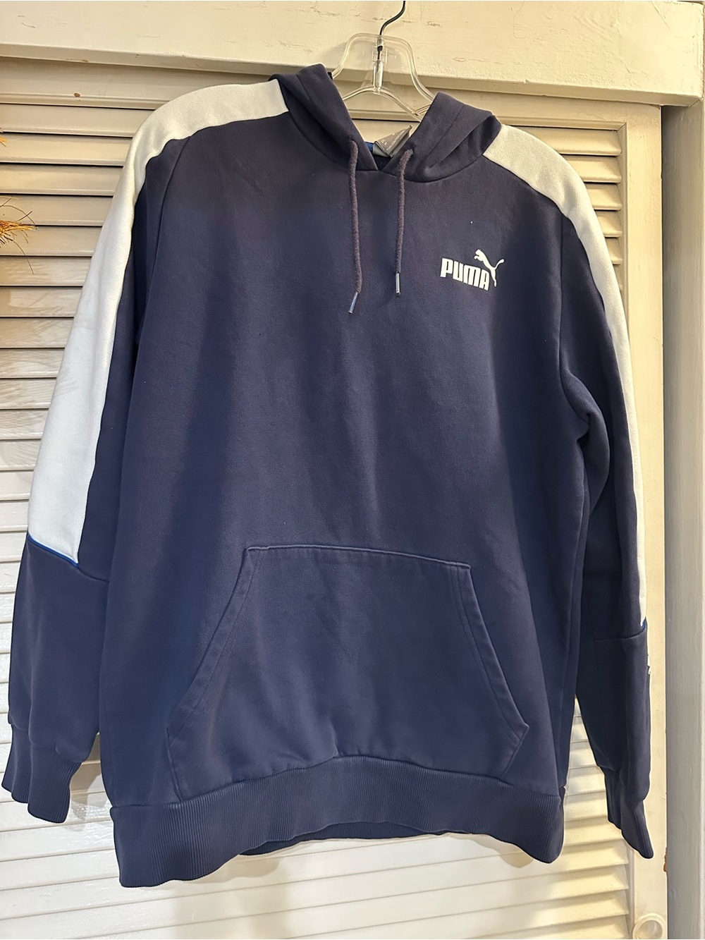 Puma Navy Pullover Hoodie with White Shoulder Stripes
